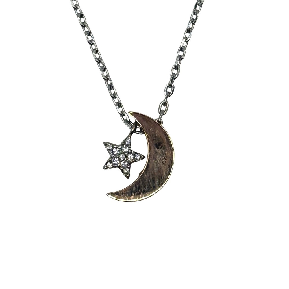 Fossil Rose Gold Silver Stainless Steel Moon Star Necklace Celestial Modern
